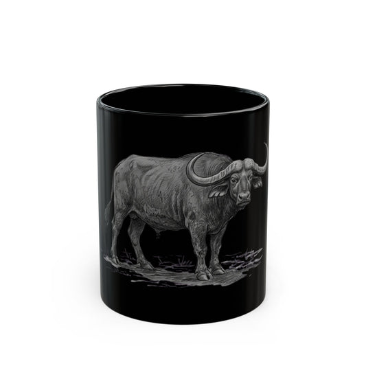 "Pencil Sketch Art Cape Buffalo" Black Ceramic Mug