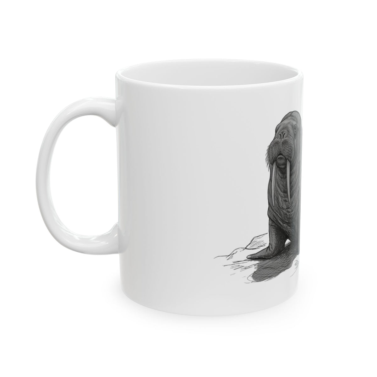 "Pencil Sketch Art Walrus" White Ceramic Mug