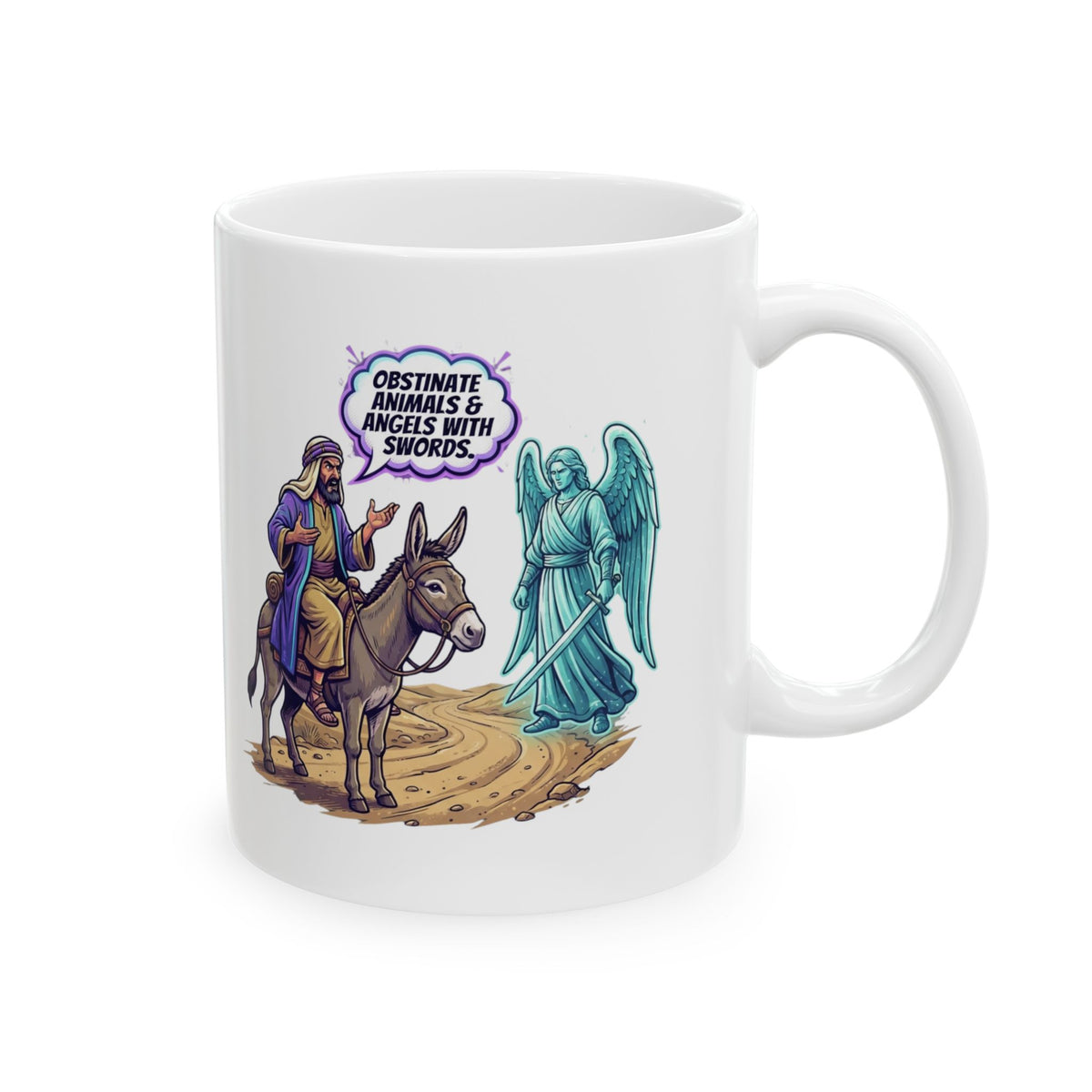 "Good Book Series Obstinate Animals & Angels With Swords" White Ceramic Mug