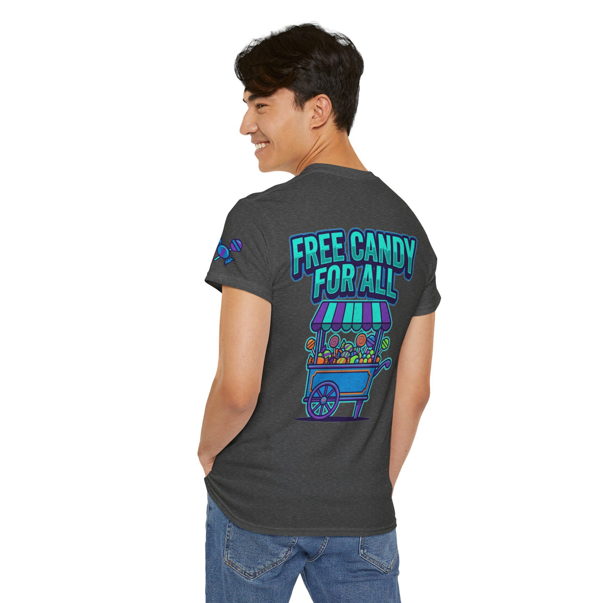 Color: Dark Heather | Free Candy For All Premium Graphic Tee