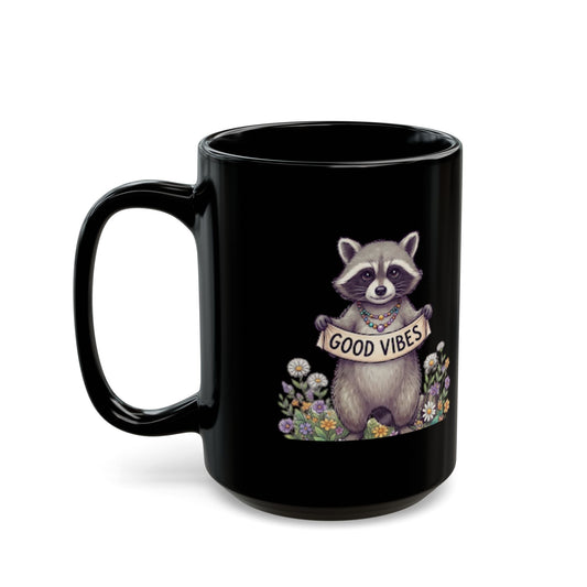 "Hippy Raccoon" Black Ceramic Mug