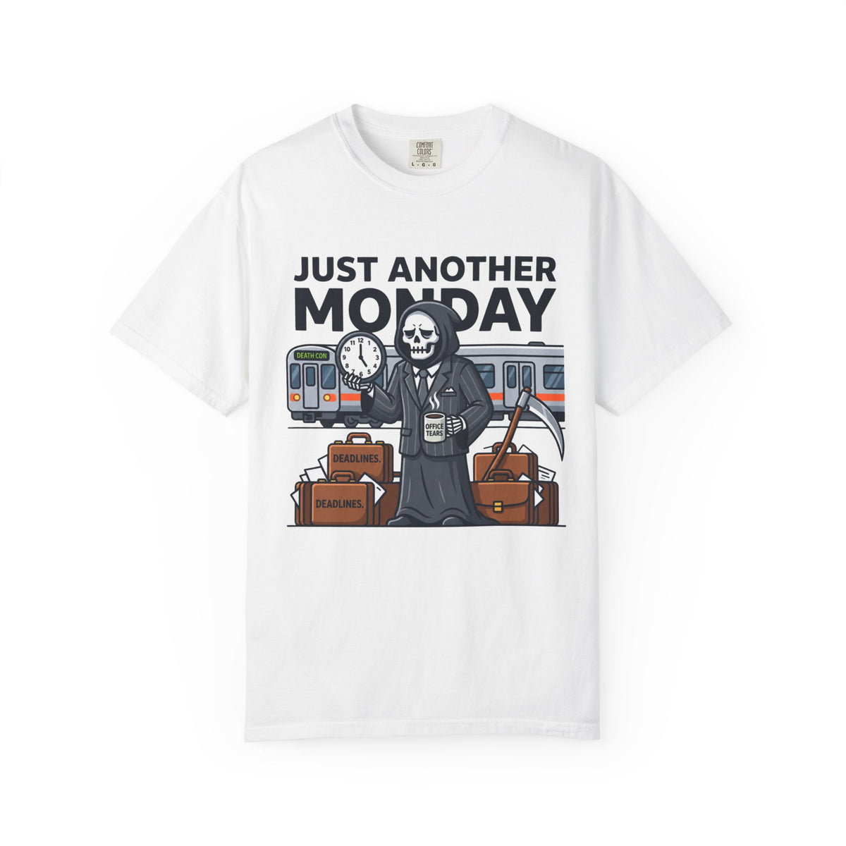 Color: White | Just Another Monday Unisex Garment-Dyed Tee
