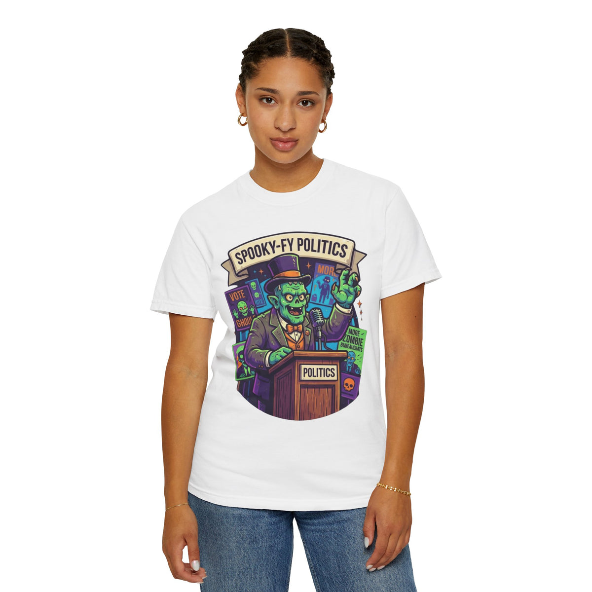 Color: White | Spooky-Fy Politics Unisex Garment-Dyed Tee