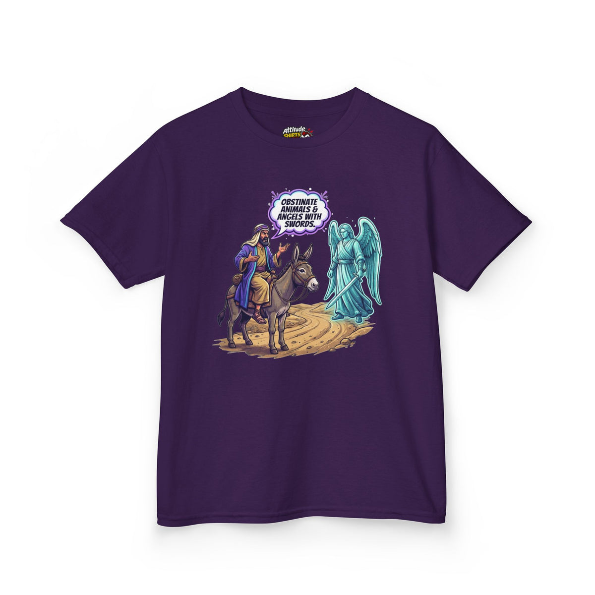 Color: Purple | Good Book Series Obstinate Animals & Angels With Swords Kids Tee