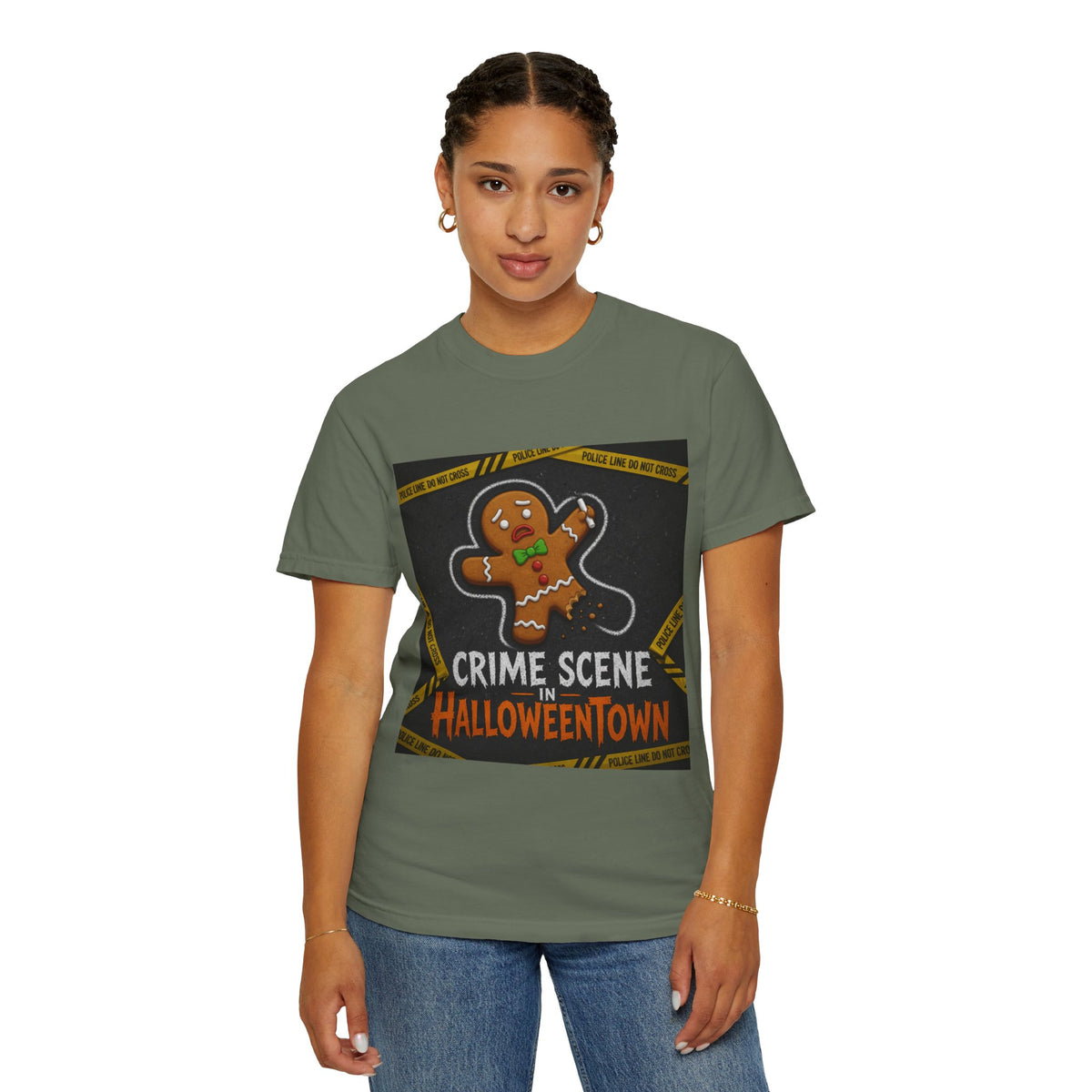 Color: Moss | Crime Scene in Halloweentown Unisex Garment-Dyed Tee