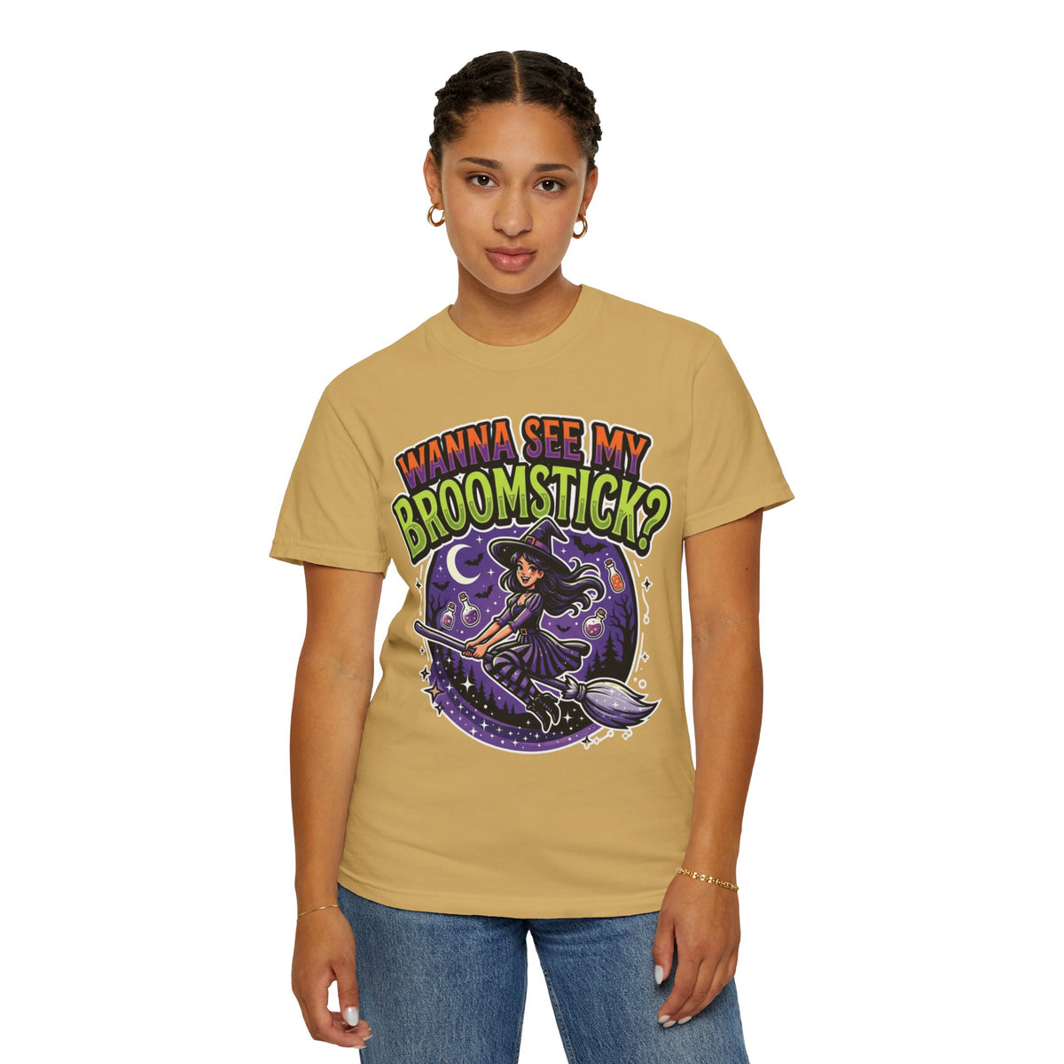 Color: Mustard | Wanna See My Broomstick Unisex Garment-Dyed Tee