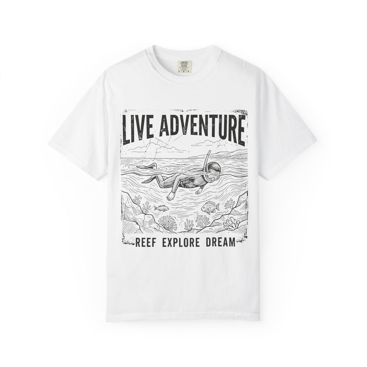 Color: White | Live Adventure Surfing Unisex Garment-Dyed Tee