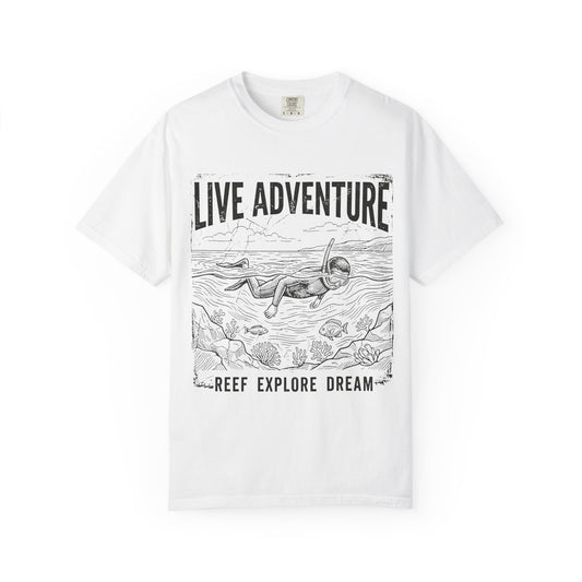 Color: White | Live Adventure Surfing Unisex Garment-Dyed Tee