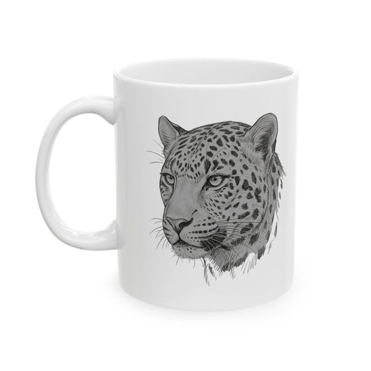 "Pencil Sketch Art Leopard" White Ceramic Mug — Graphic