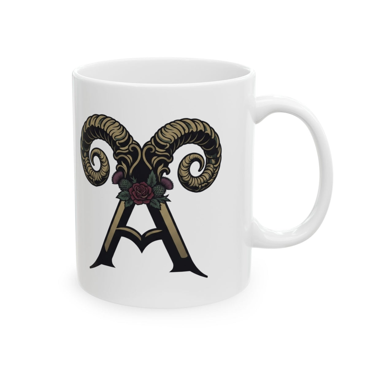 "Floral Monogram Aries" White Ceramic Mug — Graphic