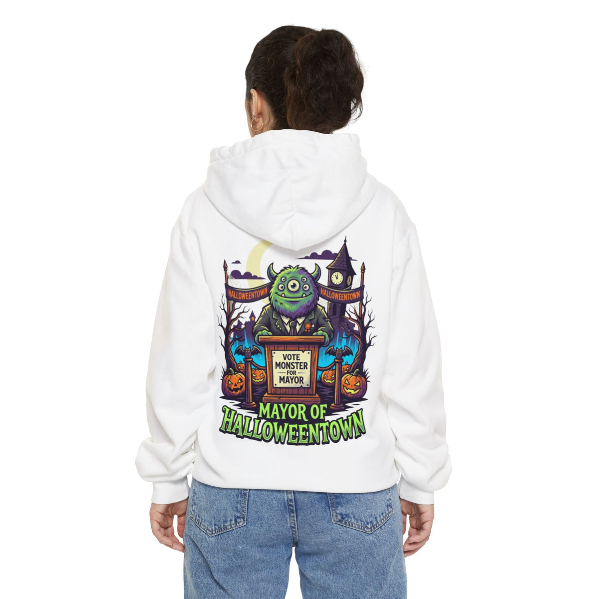 Color: White | Vote Monster For Mayor Garment-Dyed Hoodie