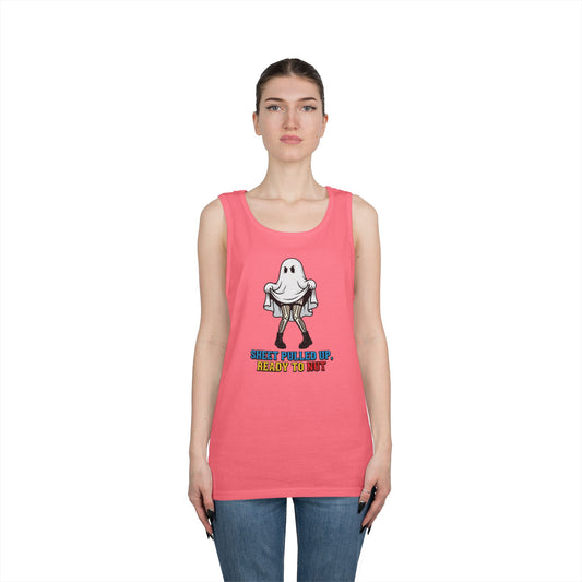 Color: Safety Pink | Sheet Pulled Up Ready to Nut Tank Top