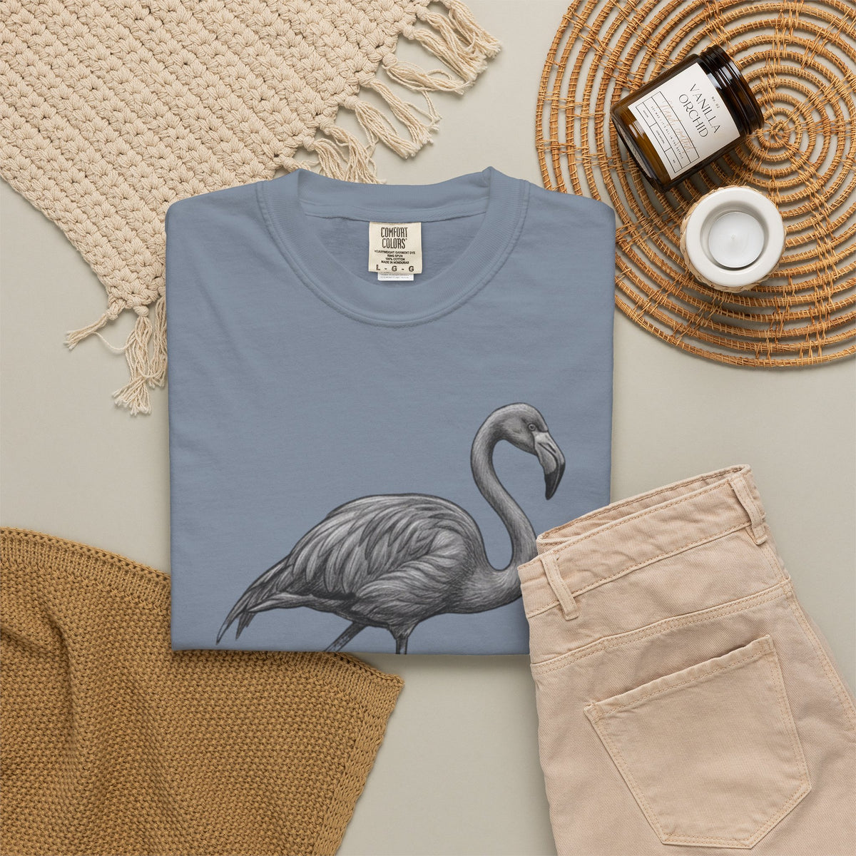 "Pencil Sketch Art Flamingo" Unisex Garment-Dyed Tee