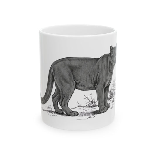 "Pencil Sketch Art Mountain Lion" White Ceramic Mug