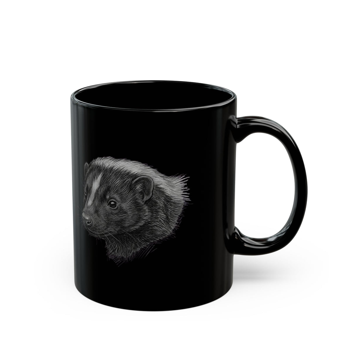 "Pencil Sketch Art Skunk" Black Ceramic Mug — Graphic
