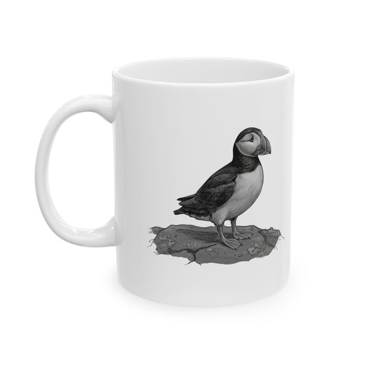 "Pencil Sketch Art Puffin" White Ceramic Mug