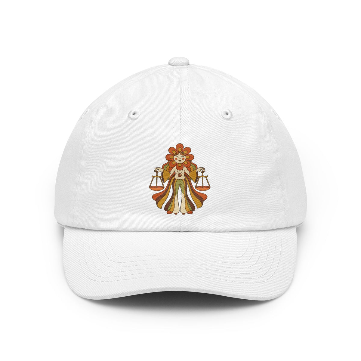 Color: White | Retro Mascot Groovy Libra Dad Hat — Graphic