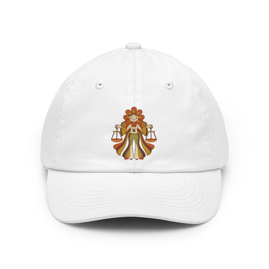 Color: White | Retro Mascot Groovy Libra Dad Hat — Graphic