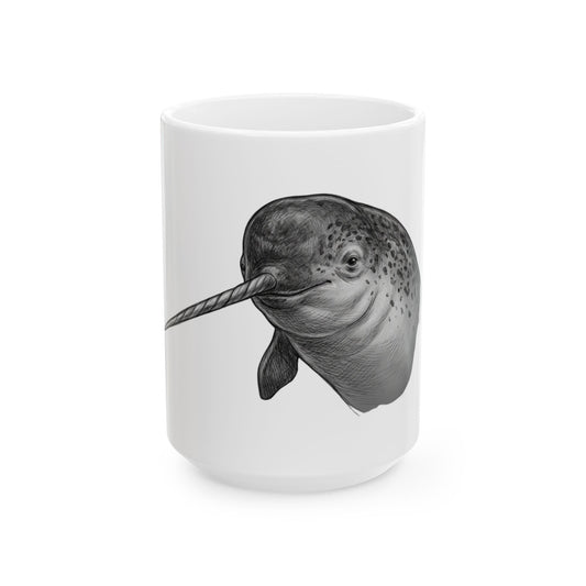 "Pencil Sketch Art Narwhal" White Ceramic Mug — Graphic