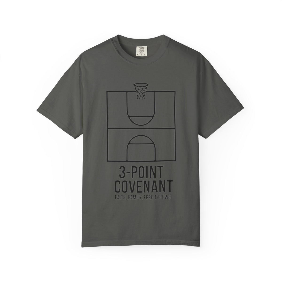 Color: Pepper | 3‑Point Covenant: Faith, Family, Free Throws Unisex Garment-Dyed T-shirt