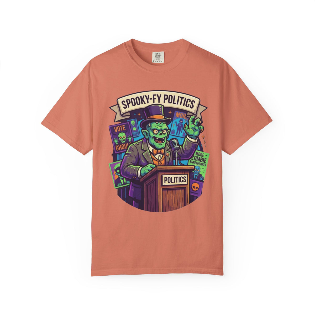 Color: Terracotta | Spooky-Fy Politics Unisex Garment-Dyed Tee
