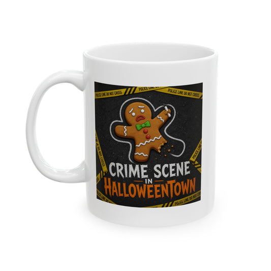 "Crime Scene in Halloweentown" White Ceramic Mug