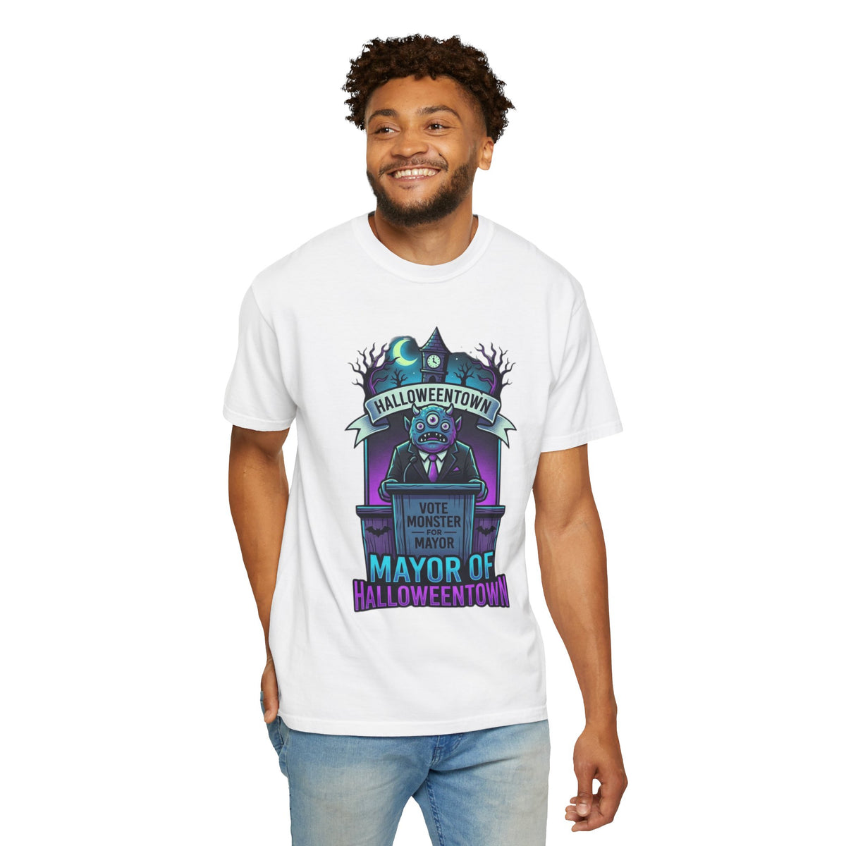 Color: White | Mayor Of Halloweentown Unisex Garment-Dyed Tee