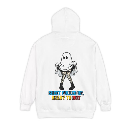Color: White | Sheet Pulled Up Ready to Nut Garment-Dyed Hoodie