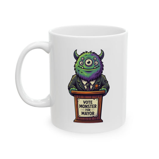 "Vote Monster For Mayor" White Ceramic Mug — Graphic