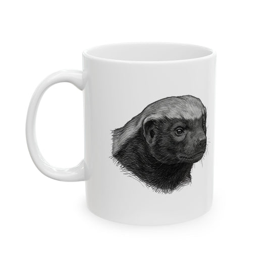 "Pencil Sketch Art Honey Badger" White Ceramic Mug — Graphic