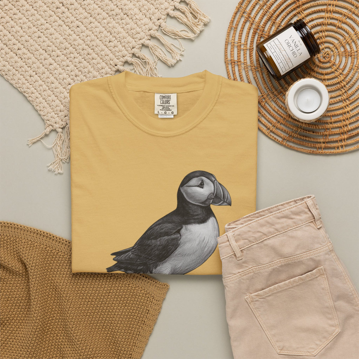 "Pencil Sketch Art Puffin" Unisex Garment-Dyed Tee