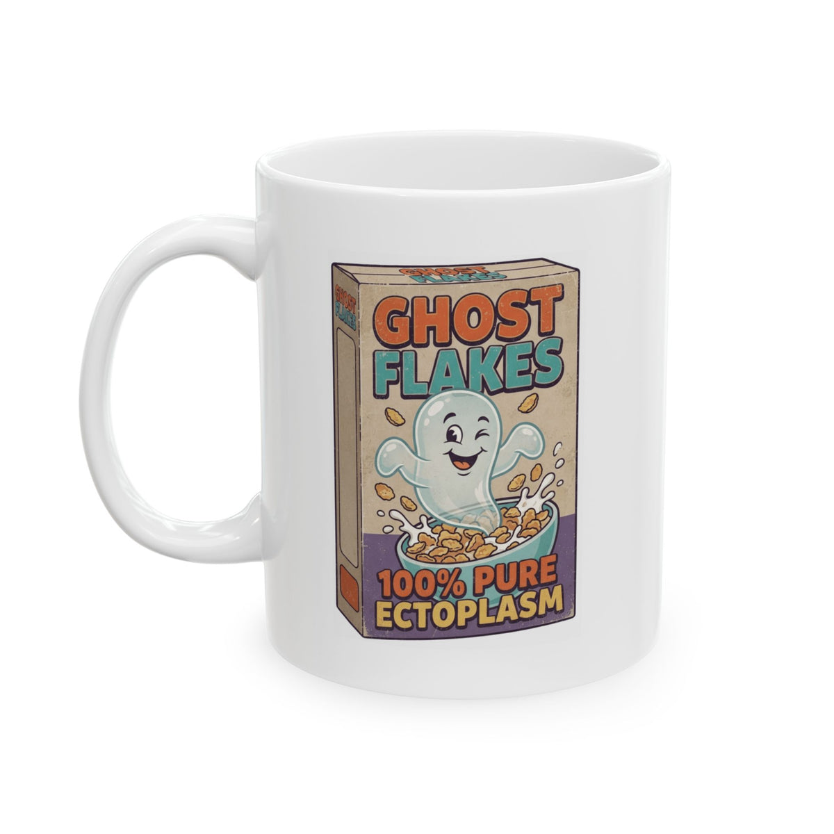 "Ghost Flakes" White Ceramic Mug