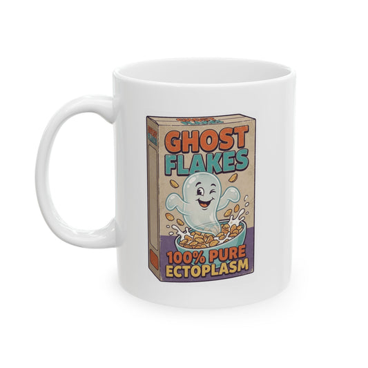 "Ghost Flakes" White Ceramic Mug
