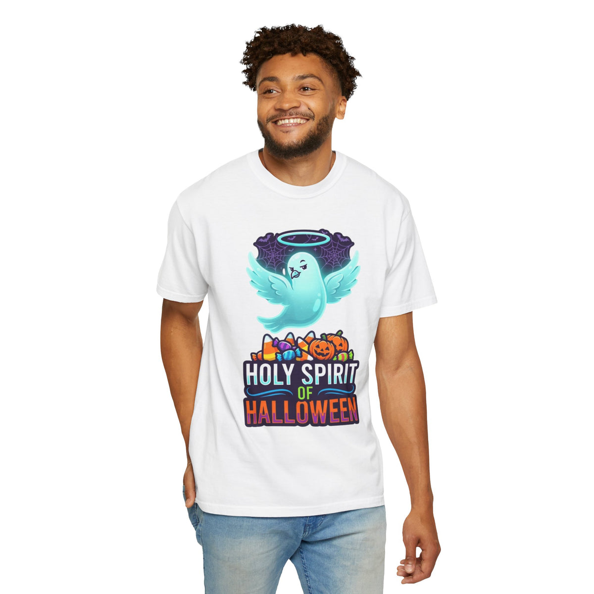 Color: White | Holy Spirit of Halloween Unisex Garment-Dyed Tee