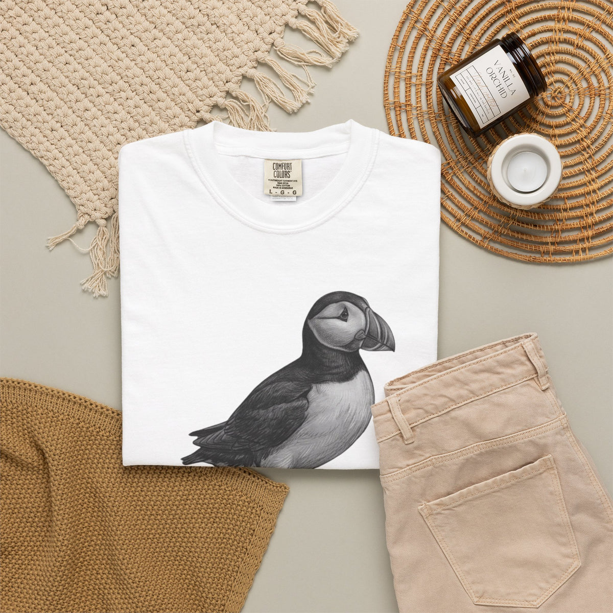 "Pencil Sketch Art Puffin" Unisex Garment-Dyed Tee