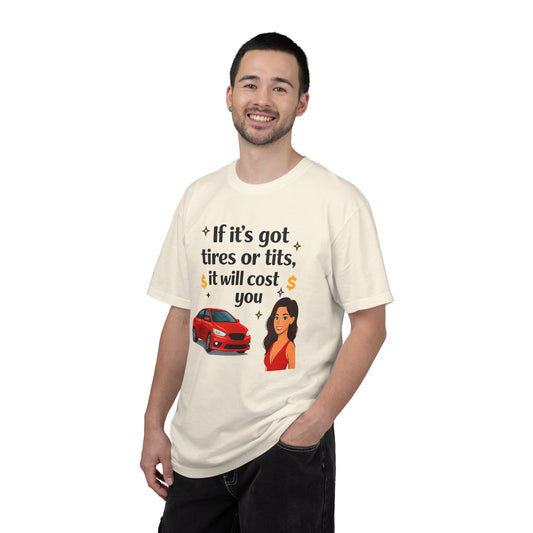 Color: Ivory | Tires or Tits Unisex Garment-Dyed T-shirt