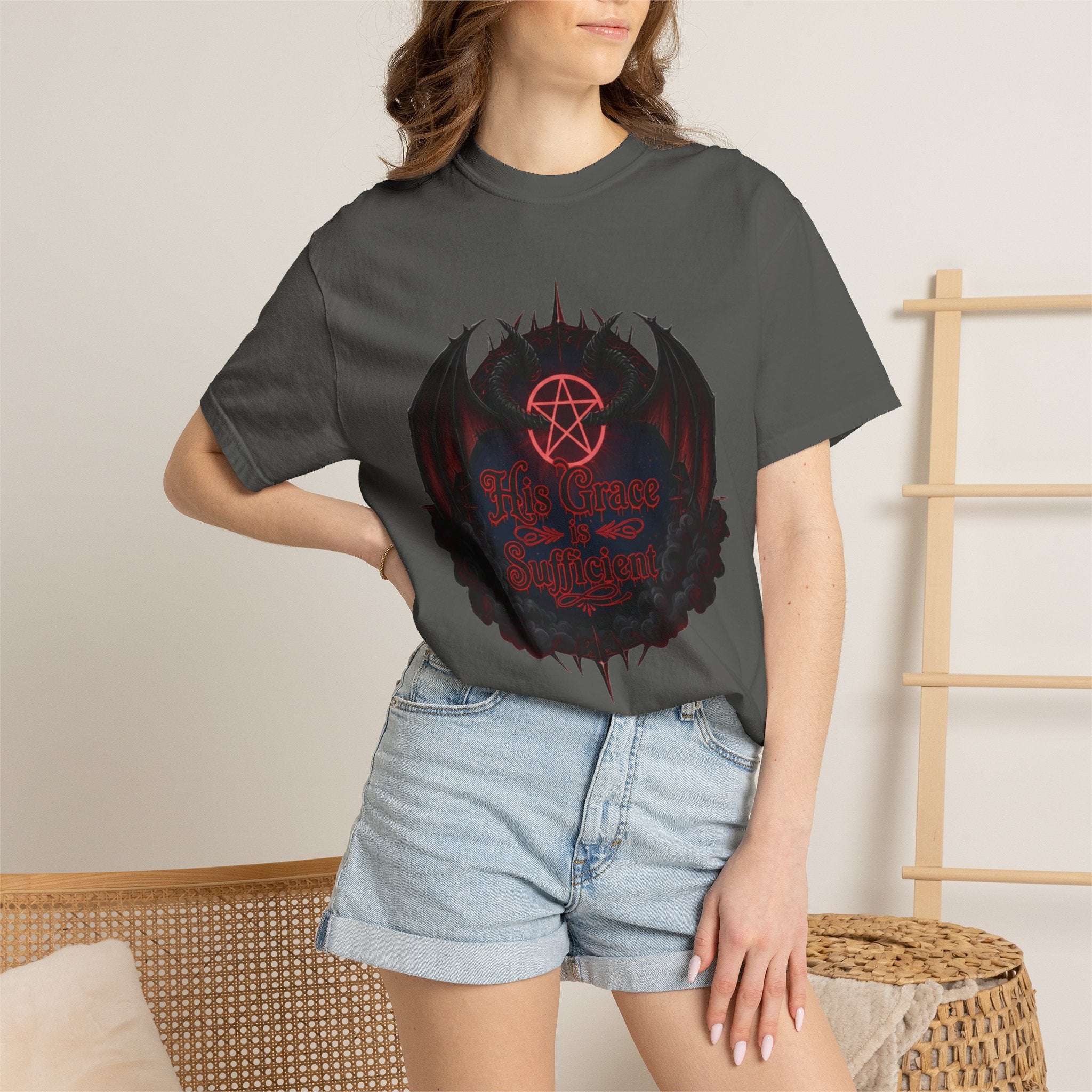 "His Grace is Sufficient Gothic T-Shirt" Unisex Garment-Dyed T-shirt