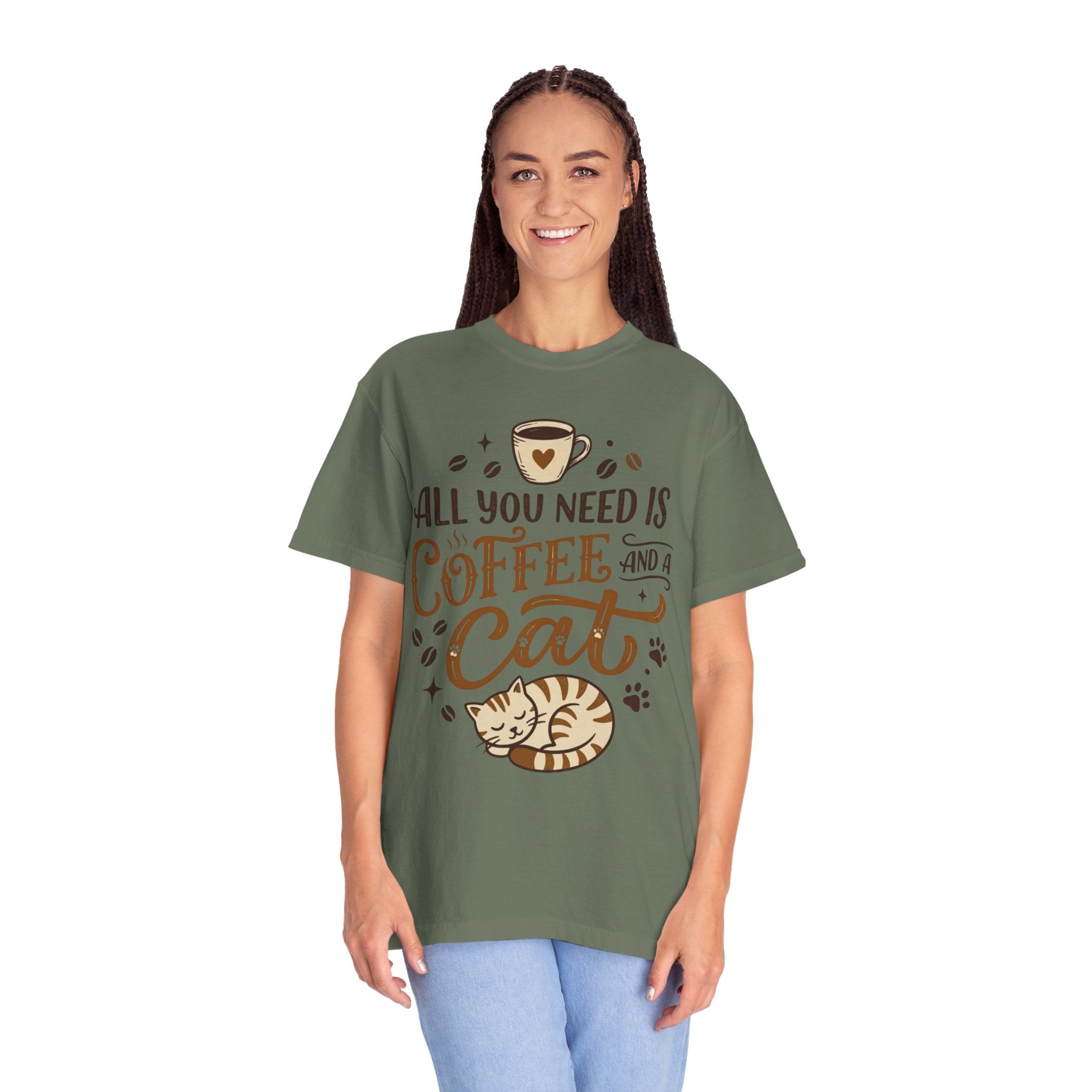 "All You Need is Coffee and a Cat" Unisex Garment-Dyed Tee