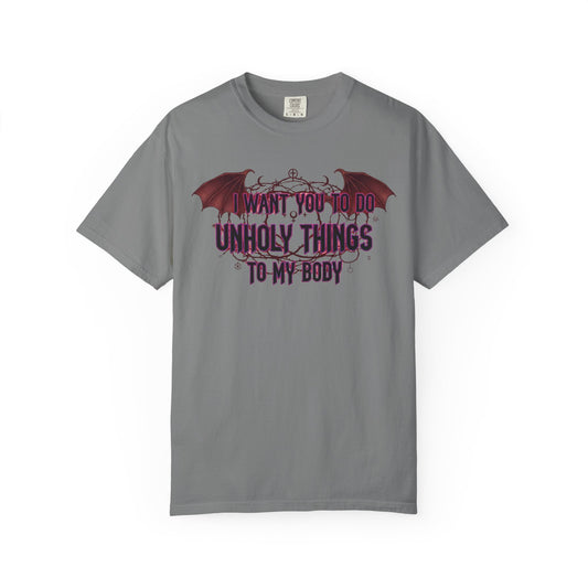 Color: Grey | Unholy Things – Sin Responsibly | Garment-Dyed Tee — AttitudeShirts