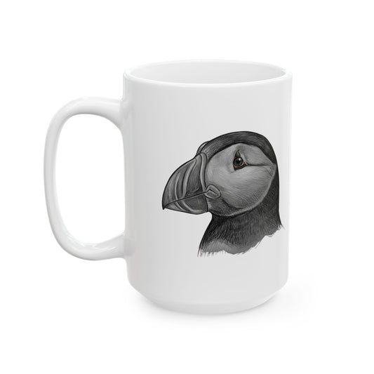 "Pencil Sketch Art Puffin" White Ceramic Mug — Graphic