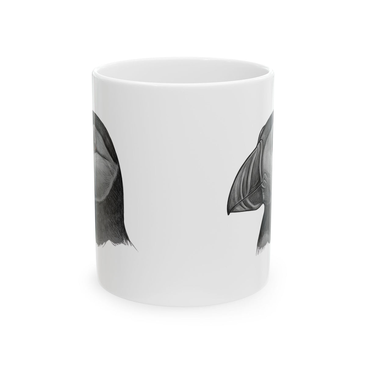 "Pencil Sketch Art Puffin" White Ceramic Mug — Graphic