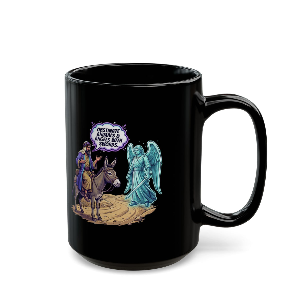 "Good Book Series Obstinate Animals & Angels With Swords" Black Ceramic Mug