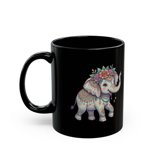 "Hippy Elephant" Black Ceramic Mug