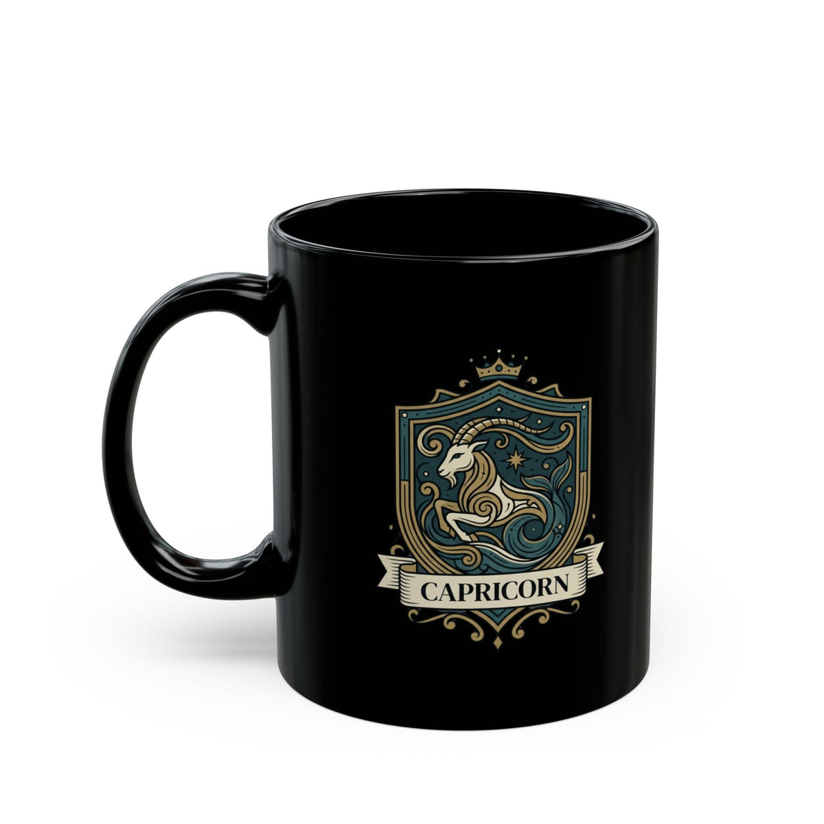 "Capricorn- The Sea-Goat Crest" Black Ceramic Mug