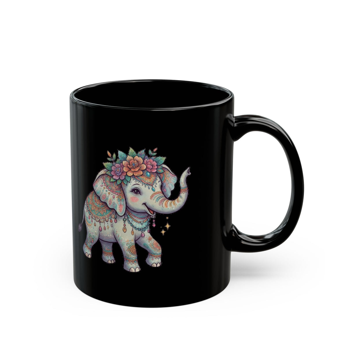 "Hippy Elephant" Black Ceramic Mug