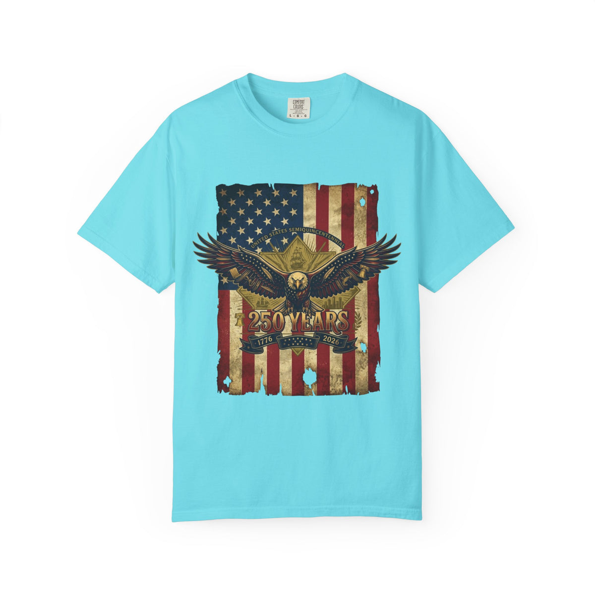 Color: Lagoon Blue | Eagle and Flag 250 Years Unisex Garment-Dyed Tee