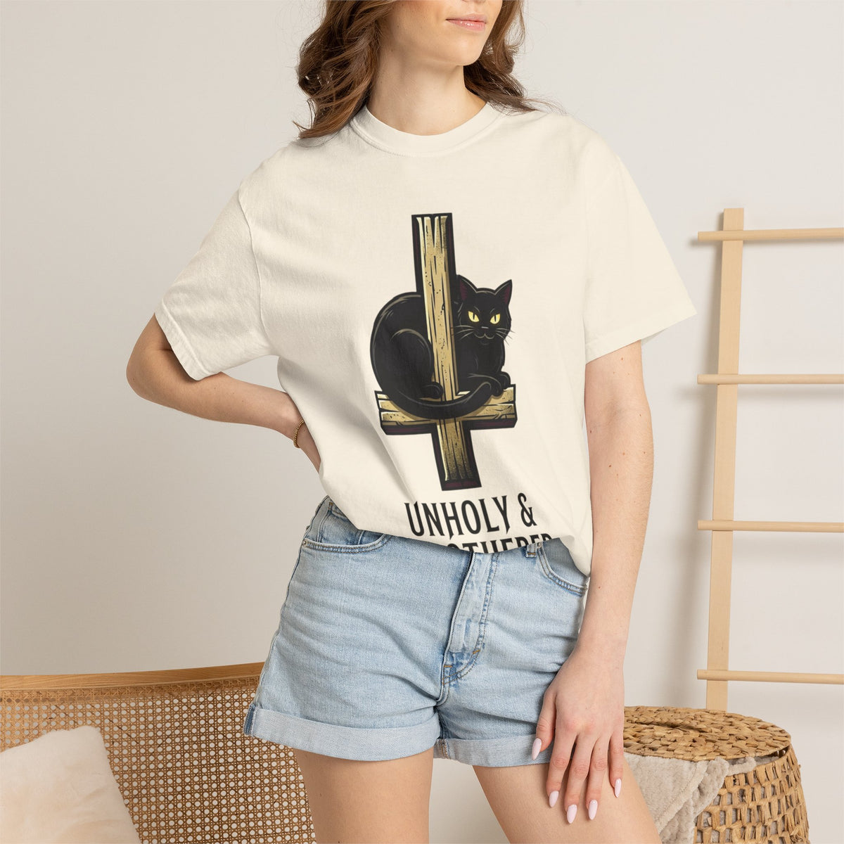 Color: Ivory | Unholy and Unbothered Unisex Garment-Dyed Tee