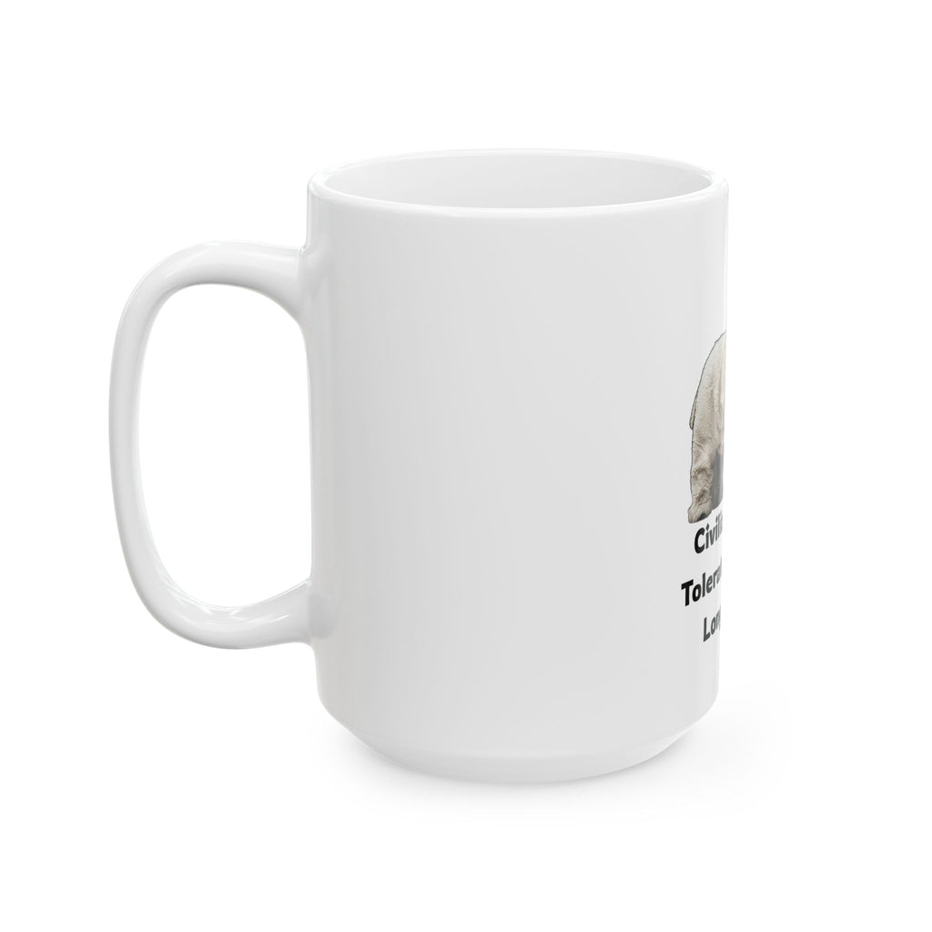 "Civilization Tolerated Religion" White Ceramic Mug — Graphic