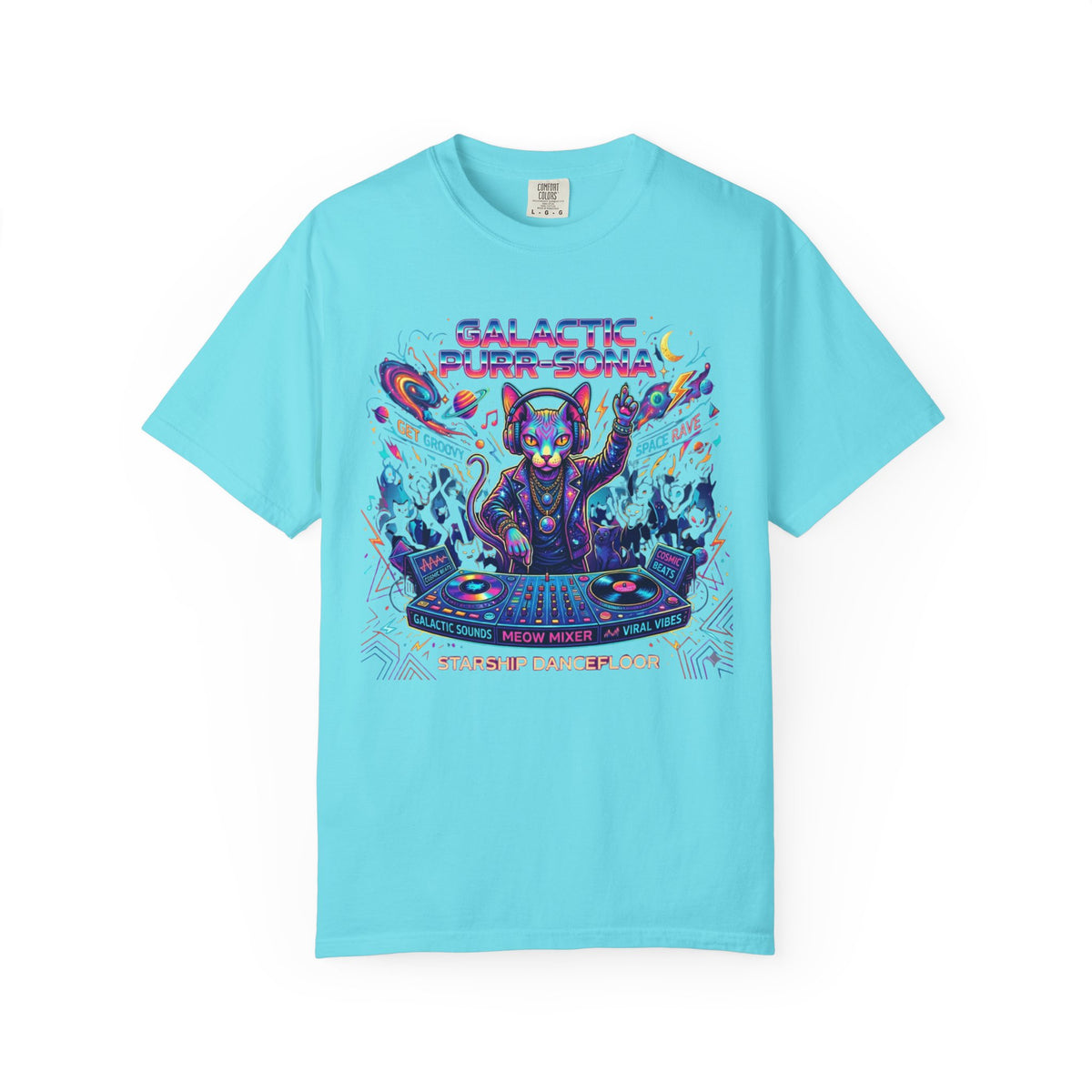 Color: Lagoon Blue | Galactic Purr-Sona Unisex Garment-Dyed Tee