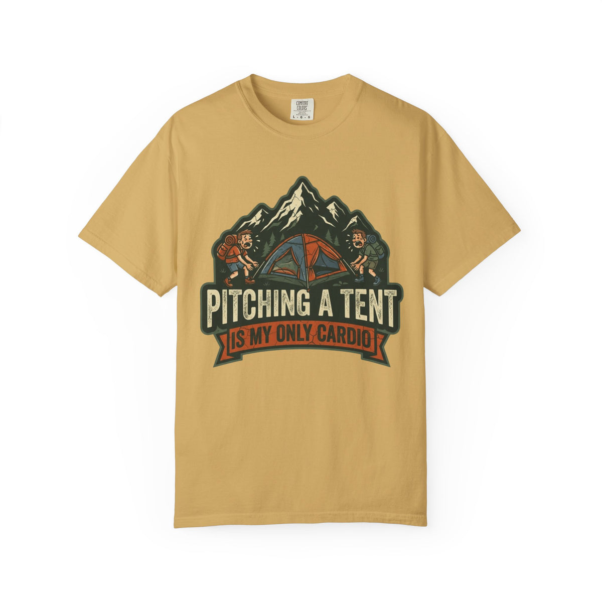 Color: Mustard | Pitching A Tent Is My Only Cardio Unisex Garment-Dyed Tee